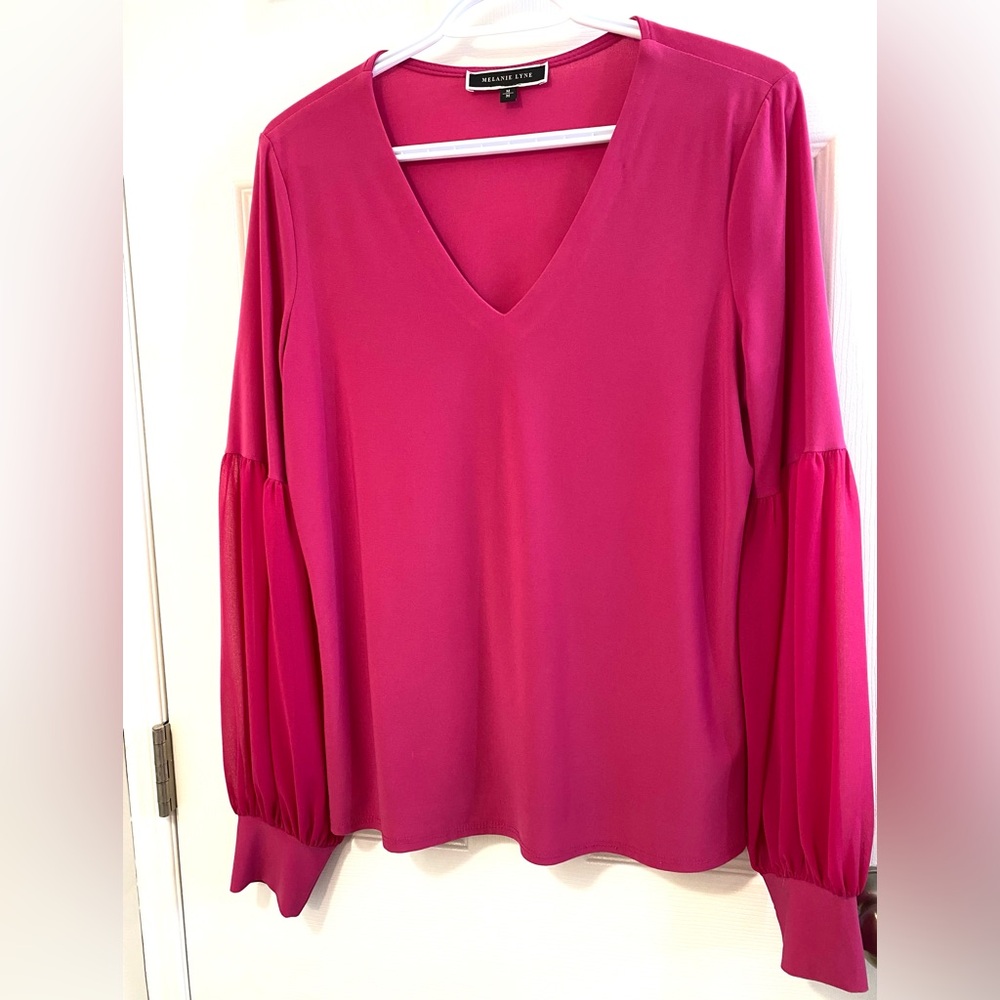 Melanie Lyne Magenta Fuchsia Blouse Puff Sheer Sleeves Opaque Body V Neck Size M